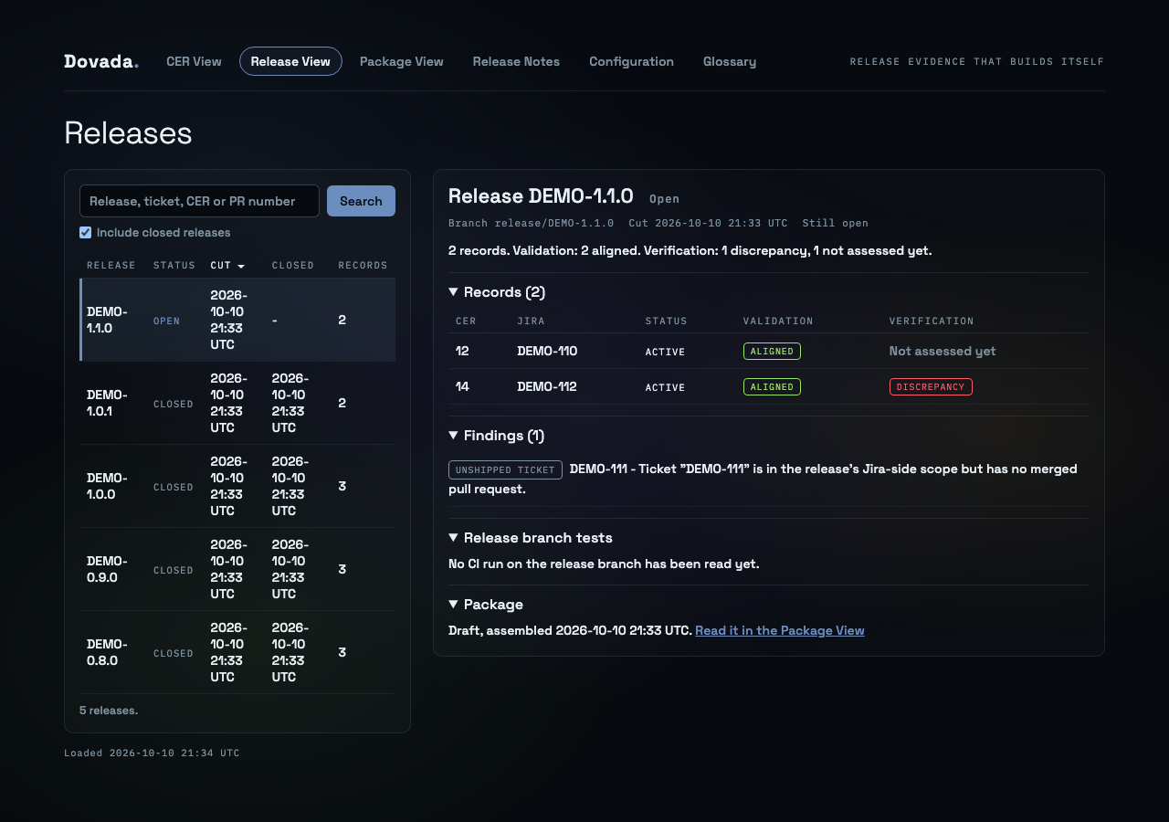 Release View: DEMO-1.1.0, with an Unshipped Ticket finding