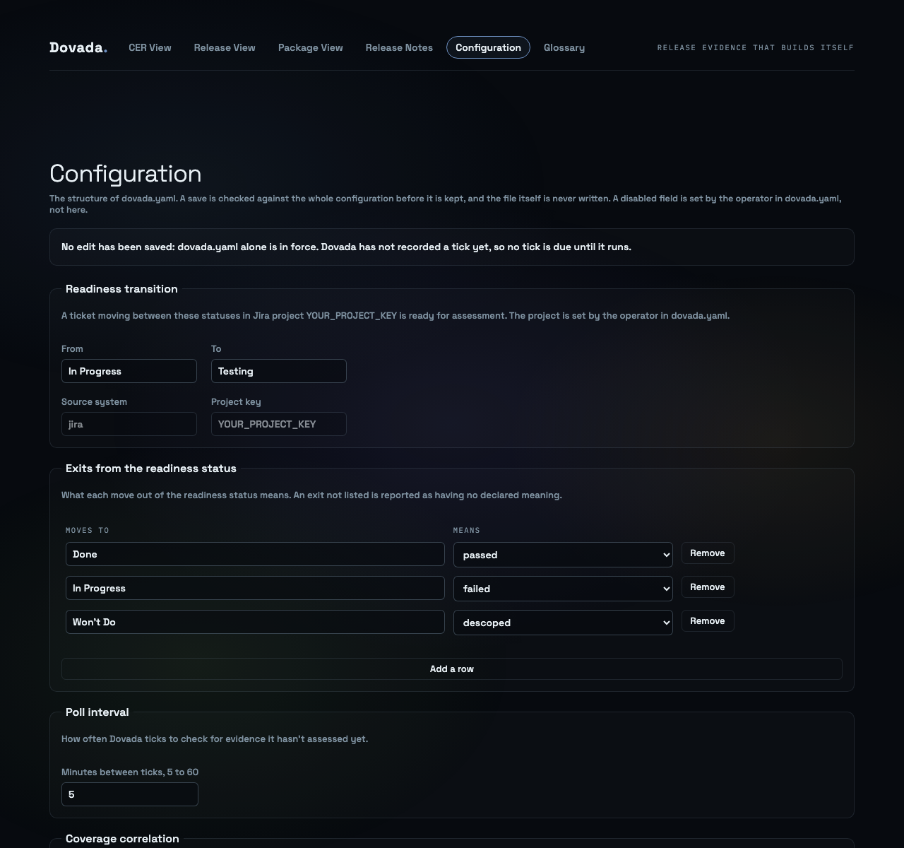The Configuration editor: the readiness transition and the poll interval