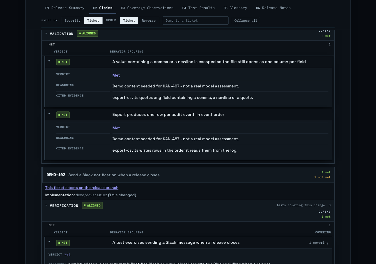 The Claims sheet scrolled to DEMO-101's Validation detail, with DEMO-102 continuing below